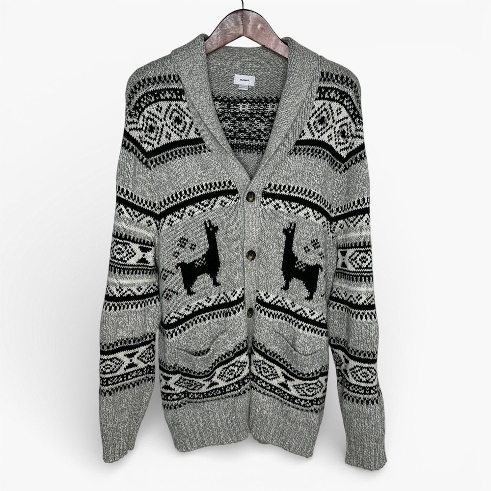 Old Navy Llama Fair Isle‎ Cardigan Sweater Gray Black Shawl Collar Cozy Mens XXL